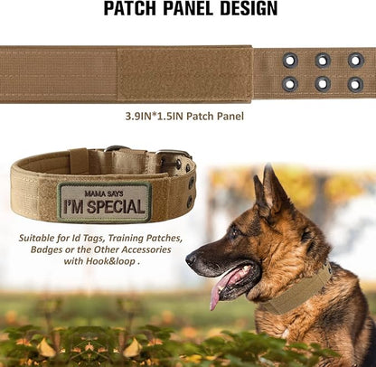Tactical Dog Collar Military Adjustable Dog Collars Soft Nylon Training Collar with Patch Heavy Duty Metal Buckle Collars for Medium Large Dogs (Brown, XL)