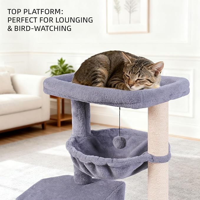 HUITREE 45in Cat Tree Tower with Big Condo for Indoor Cats,Cat Tower with Scratching Post,Scratching Board and Cat Toys,Multi-Level,Small Space,Transformer Cat Tree (Grey+)
