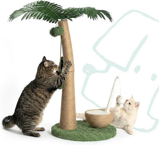 33" Tall Cat Scratching Post, Natural Jute Cat Scratcher for Indoor Cats,Coconut Tree & Straw Design with Hanging Toy Ball & Rest Platform,Stable Furniture Protector for Kittens & Adult Cats,M