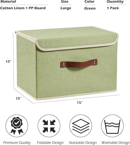 Storage Boxes with Lid Cotton Linen Fabric Storage Bins Organizer Container Decorative Collapsible Washable Shelf Baskets Faux Leather Handles for Home Bedroom Closet (Green, Large Size)
