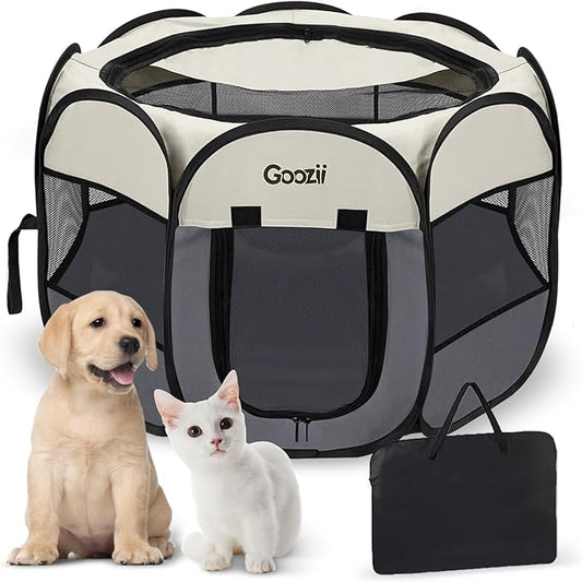 Pet Cat Playpen for Indoor Cats Enclosed, Puppy Dog Play Pen for Outdoor Travel Camping (Small Size, Beige & Dark Grey)