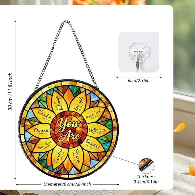 Christian Sunflower Stained Glass Window Hanging, Bible Verse Sun Catcher Gift for Housewarming, Inspirational Religious Suncatchers Gifts for Women Mom Home Decor 8 Inch