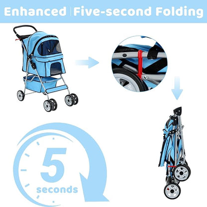Pet Stroller for Small Medium Dogs & Cats, 4-Wheel Breathable Compact Foldable Dog Carrier with Storage Basket, Outdoor Portable Lightweight Travel Stroller for Camping,Blue