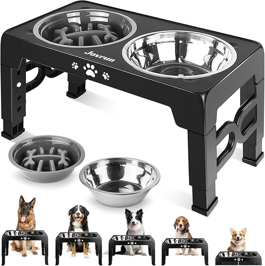 Elevated Dog Bowls, Non-Slip Dog Feeder with 1*Stainless Steel Dishes & 1*Slow Feeder Bowl, 5 Heights Adjustable Raised Bowls for 3.15″-8.66″-9.84″-11.02″-12.2″