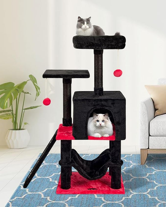 MIAO PAW Gothic Cut Cat Tree with Coffin Bed for Indoor Cats Cat Tower with Scratching Post Modern Activity House for Large Cats Condo with Board Kittens Cave Hammock Hanging Ball RED Black