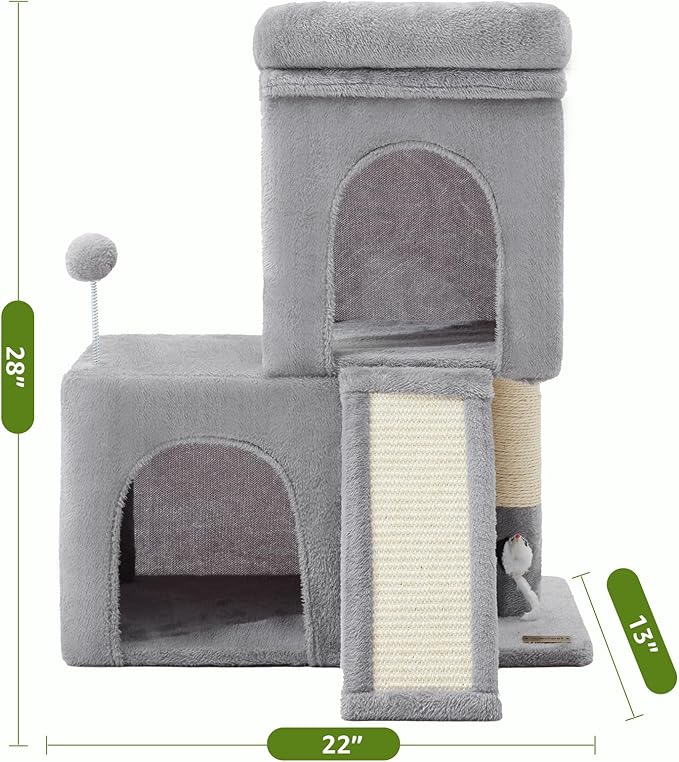 Woochpet 24inch Tall Cat Tree with 2 Cat Condo and Mouse Toy Cozy Small Cat Tower with Scratching Post and Board for Kitties and Small Cats.（Light Grey） (22 * 13 * 28)