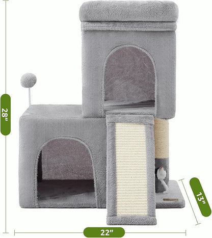Woochpet 24inch Tall Cat Tree with 2 Cat Condo and Mouse Toy Cozy Small Cat Tower with Scratching Post and Board for Kitties and Small Cats.（Light Grey） (22 * 13 * 28)