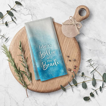 Kitchen Towels for Women- Funny Joked Life is Better at The Beach Saying Microfiber Bar Tea Towel, for Mom Friends Hostess New Home on Birthday Christmas-Blue 16" x 24"