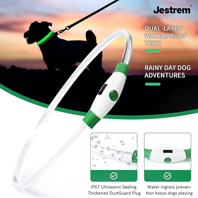 Led Dog Collar, Jestrem USB Rechargeable Waterproof Pet Safety Collar for Night Walking, Adjustable Reflective Collar Light Up Dog Collar for Small Medium Large Dogs