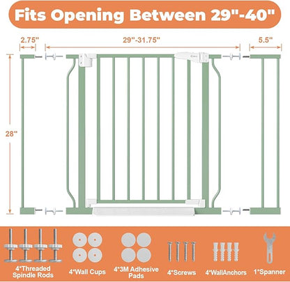29"-40" Baby Gate for Stairs, Auto Close Stroller Friendly Dog Gate Indoor for Doorways, Pressure Mounted Baby Gate, Easy Walk Through Gate for Children & Pets, Green