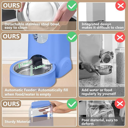 HWONMTE Portable Automatic Cat Feeder and Water Dispenser with Stainless Steel Bowl Dog Gravity Food Feeder and Waterer for Small Medium Pets Puppy Kitten 1 Gallon x 2 (Sapphire Blue)