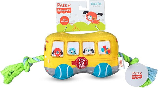 Fisher-Price for Pets School Bus Rope Toy for Dogs, Dog Tug Toy with Rope, Plush Dog Toy with Squeaker Inside, Developmental Dog Toys