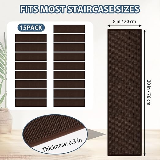 Peel and Stick Stair Treads with Rubber Backed Pack of 15, Jute Stair Rug Staircase Step Treads, Reusable Stair Pads Step Mats for Bare Feet, 30"x8", Deep Brown
