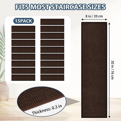 Peel and Stick Stair Treads with Rubber Backed Pack of 15, Jute Stair Rug Staircase Step Treads, Reusable Stair Pads Step Mats for Bare Feet, 30"x8", Deep Brown