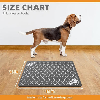 KOOLTAIL Dog Food Mat, Absorbent Pet Feeding Mat for Food and Water Bowls, Placement Pad for Floors with Waterproof Rubber Backing, Quick Dry Water Dispenser Mat for Dogs Puppy Cats, Grey, 16"x24"