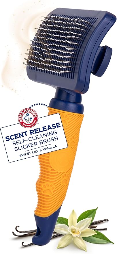 Arm & Hammer Deodorizing Slicker Brush for Dogs with Fragrance Transfer Technology – Scented Self-cleaning Dog Brush - Dog Grooming Brush for Shedding, Sweet Lily & Vanilla Scent