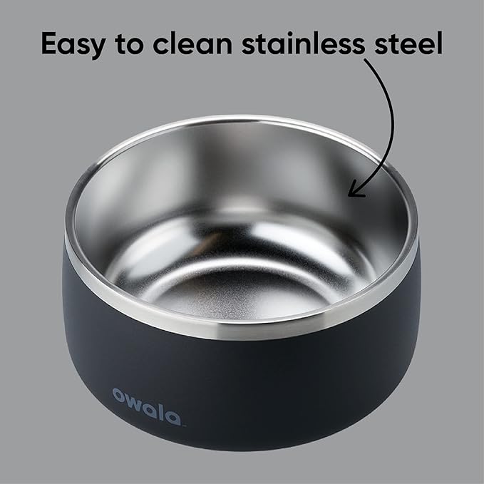 Owala Pet Bowl - Durable Stainless Steel, Food and Water Bowl for Dogs, Cats, and All Pets, Non-Slip Base, 48oz, Black (Very, Very Dark)