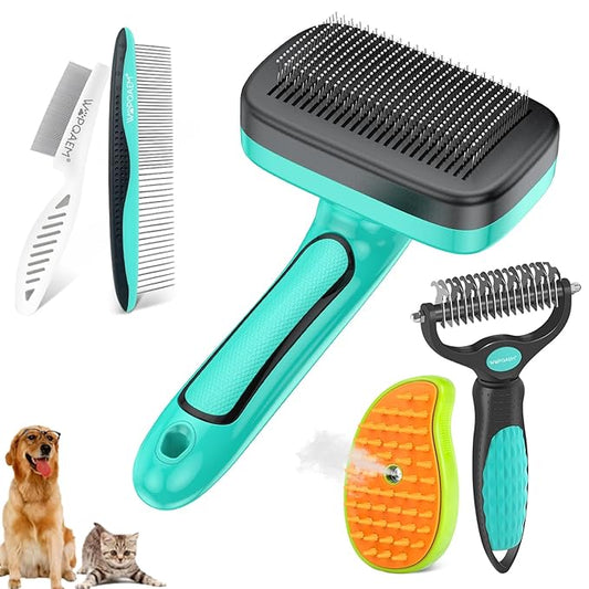 5 PCS Self Cleaning Slicker Brush & Undercoat Rake & Bath Brush & Flea Comb & Pet Comb & Steam Brush for Dogs and Cats,Professional Deshedding Dematting Tool for Long and Short Haired Pets