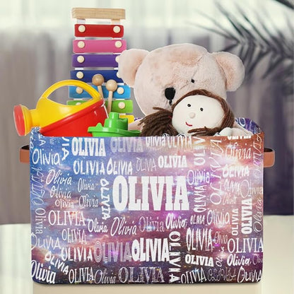 Personalized Storage Basket with Name, Rectangle Toys Storage Bin with Handles for Baby, Boys, Girls, Collapsible Basket for Clothes, Books, Purple Galaxy Universe