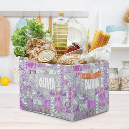 Custom Name Storage Bin, Personalized Rectangular Storage Basket with Handles for Organizing Boys Girls Toys Office Closet Shelf Baskets, Silver Glitters Print