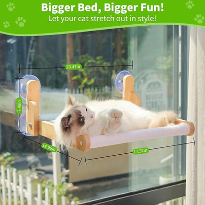 Cat Window Perch with Wooden Frame – Aloxina Foldable Cat Hammock Bed for Indoor Cats, Soft Rabbit Fur Cover, Washable, Strong Suction Cups, No Drilling, Supports Large Cats