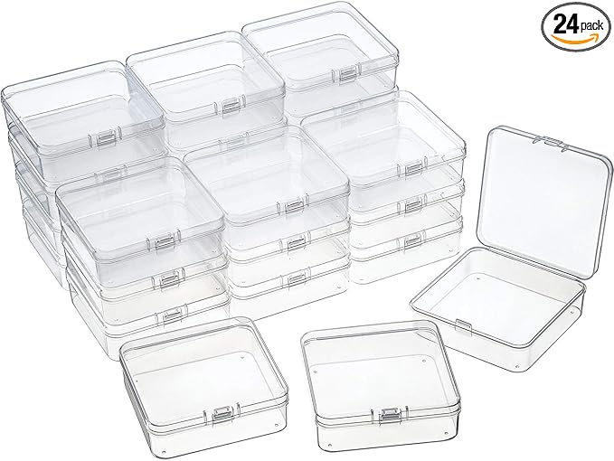 SATINIOR 24 Packs Small Clear Plastic Beads Storage Containers Box with Hinged Lid for Storage of Small Items, Crafts, Jewelry, Hardware(2.9 x 2.9 x 1 Inches)