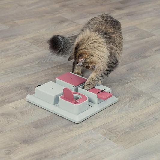 TRIXIE Cat Activity Poker Box Strategy Game – Interactive Puzzle Toy with 4 Modules – Treat Puzzle Feeder for Mental Stimulation & Slow Feeding – Pink/Gray, 12.2 x 12.2 x 2.5 in