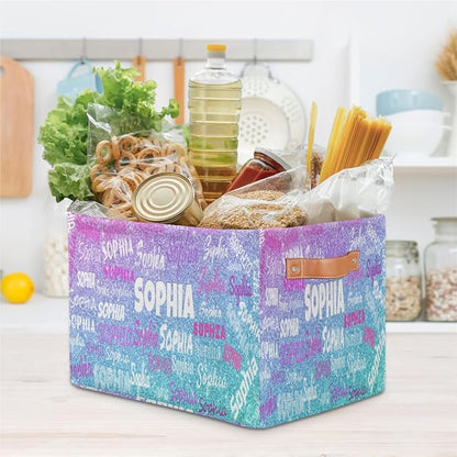 Personalized Foldable Storage Basket with Name, Laundry Hamper Dirty Clothes Pet Toys Storage Bin with Handles for Shelf Home Closet Kitchen, Gradient Purple Blue Glitters Print