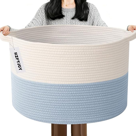 65L Large Blanket Basket,19.7" L x 19.7" W x 13" H Rope Woven Baskets with Handles, Toys Storage Bins,Laundry Basket Perfect for Living Room, Nursery,Bedroom,Home Organization,White&Blue