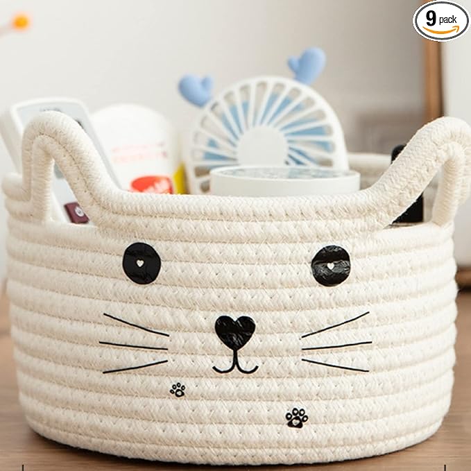 Zopeal Cat Basket Storage Woven Organizer with Ears Easter Decorative Pet Toy Cute Cotton Rope Basket for Gift Cat Dog Toy Bin Nursery Room(8.3 x 4.7 Inch,White)