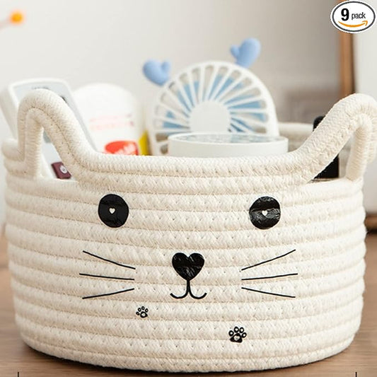 Zopeal Cat Basket Storage Woven Organizer with Ears Easter Decorative Pet Toy Cute Cotton Rope Basket for Gift Cat Dog Toy Bin Nursery Room(8.3 x 4.7 Inch,White)