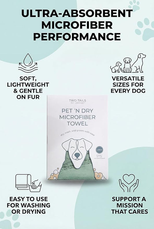 Two Tails Pet Company Pet N’ Dry Microfiber Bath Towel, Absorbent Dog Towels for Drying or Washing Large Dogs and Puppies, Soft and Lightweight, Fast Drying, Grooming Dog Supplies, Size Large