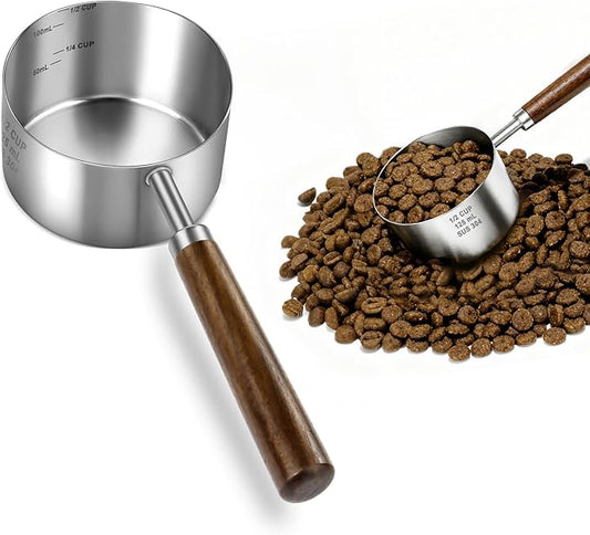 Stainless Steel Dog Food Scoop 1/2 Cup, Dog Food Measuring Cup With Measuring Lines & Long Wooden Handle, Metal Pet Food Scoop For Dogs, Cats and Kitchen Use (1/2 CUP)