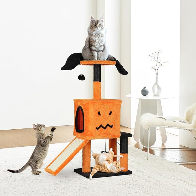 VINGLI 39.4in Halloween Cat Tree, Cat Tree Tower with Sisal-Covered Scratching Posts & House Cave & Platform Beds Side & Scratch Board, Tall Kittens Pet House w/Hanging Balls Spider, Black & Orange