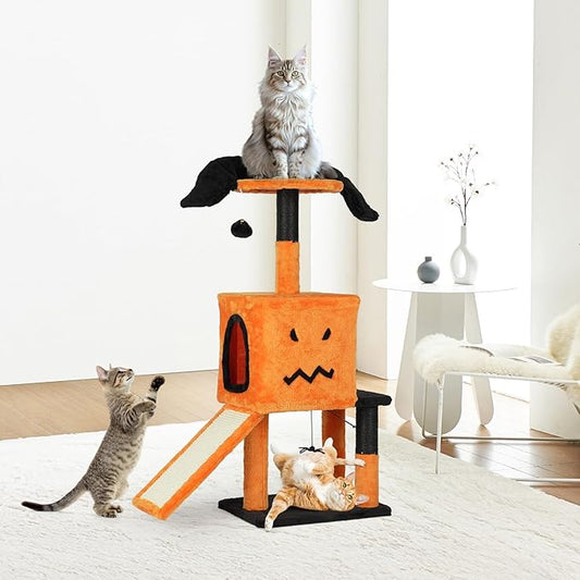 VINGLI 39.4in Halloween Cat Tree, Cat Tree Tower with Sisal-Covered Scratching Posts & House Cave & Platform Beds Side & Scratch Board, Tall Kittens Pet House w/Hanging Balls Spider, Black & Orange