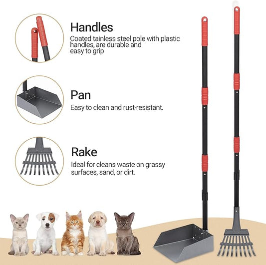Heeyoo Dog Pooper Scooper, Dog Poop Tray and Rake Set, Pet Waste Removal Scoop with Long Adjustable Sectional Stainless Handles