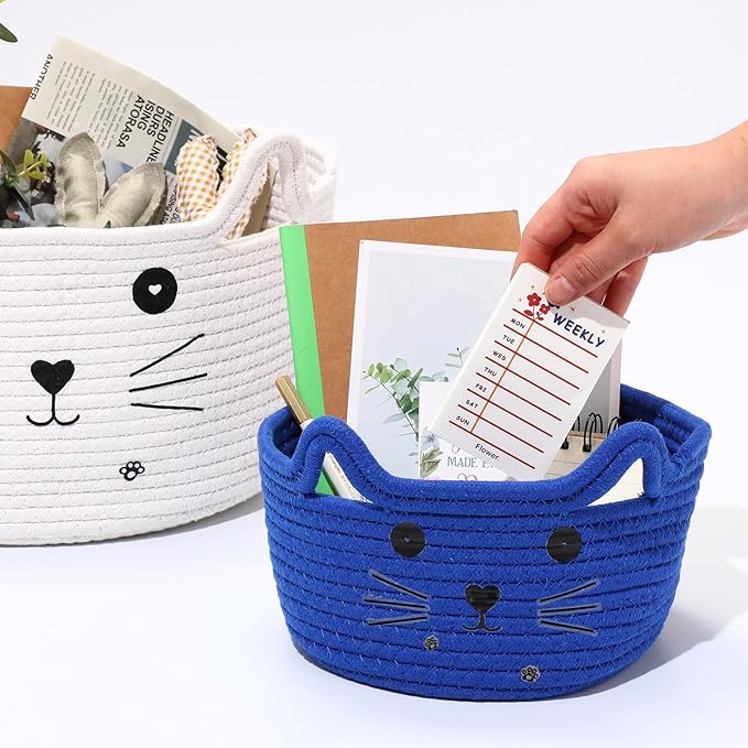 Zopeal Cat Basket Storage Woven Organizer with Ears Easter Decorative Pet Toy Cute Cotton Rope Basket for Gift Cat Dog Toy Bin Nursery Room(8.3 x 4.7 Inch,Royal Blue)
