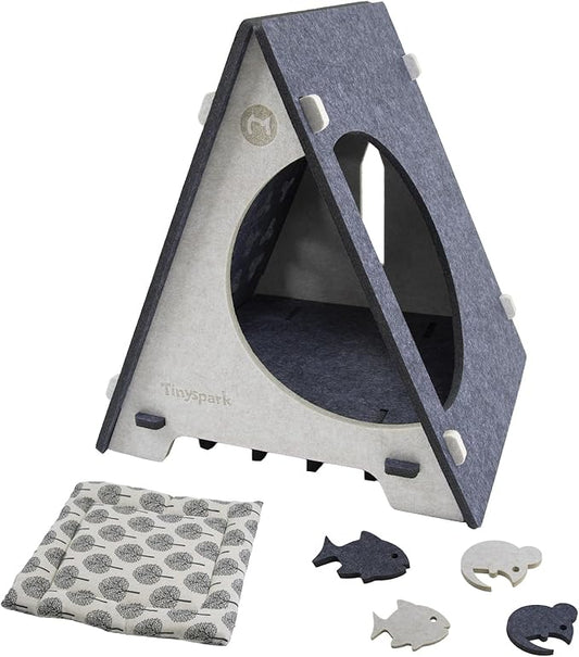 Triangle Cat Tent with Removable Pad, Enclosed Pet Bed & Hideaway for Small Cats, Includes 4 Felt Toys, Portable Gray Beige House, 17.7" L x 18.5" W x 20.5" H