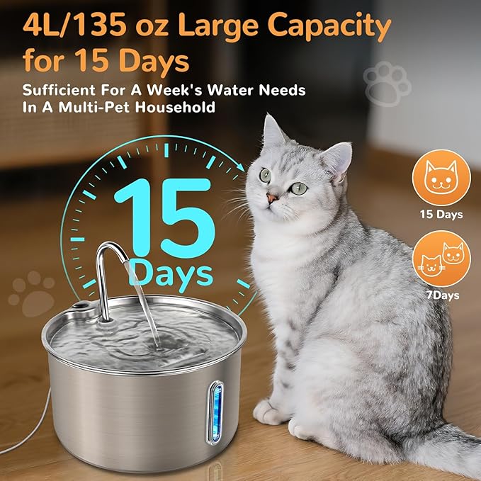 Cat Water Fountain Stainless Steel,135oz/4L,with Adjustable Pump & 3 Flow Modes, Ultra-Quiet Automatic Cat Dog Water Dispenser, Large Capacity Water Fountain for Cats,Dogs,Multiple Pets (20)