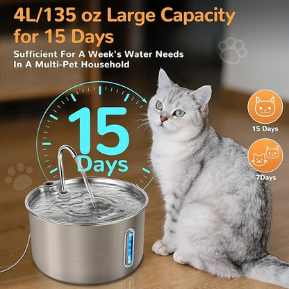 Cat Water Fountain Stainless Steel,135oz/4L,with Adjustable Pump & 3 Flow Modes, Ultra-Quiet Automatic Cat Dog Water Dispenser, Large Capacity Water Fountain for Cats,Dogs,Multiple Pets (20)