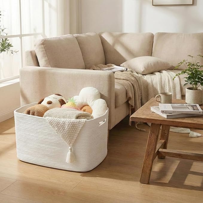 Woven Blanket Basket,65L Large Storage Bin for Blankets Toys Clothes,Decorative Rope Basket for Living Room Bedroom with Handles, White