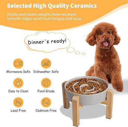 Elevated Slow Feeder Dog Bowl - Ceramic Maze Food Dish with Bamboo Stand - Raised Feeding Bowl for Fast Eaters - Ideal for Small and Medium Dogs - Grey - 6.7 inch