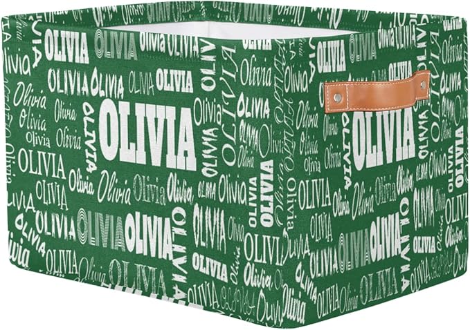 Personalized Name Storage Basket with Handles, Canvas Storage Bins Toys Clothes Organizer for Bedroom, Kitchen, Bathroom, Nursery, Shelves, Closets, Deep Green Color Background