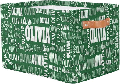 Personalized Name Storage Basket with Handles, Canvas Storage Bins Toys Clothes Organizer for Bedroom, Kitchen, Bathroom, Nursery, Shelves, Closets, Deep Green Color Background