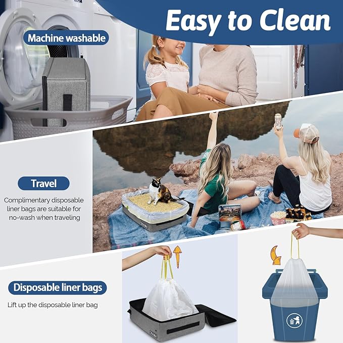 Petskd Portable Cat Travel Litter Box with Lid and 10 pcs Disposable Liner Bags, Leak-Proof and Collapsible, Cat Travel Essentials for Car, Hotel, Airplane and Other Outdoor Use(Grey)