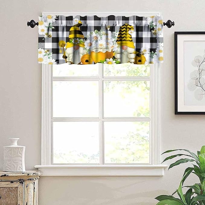 Bee Valances Curtain for Kitchen, Black White Buffalo Daisy Gnomes Window Treatment Valances Short Curtains Rod Pocket Drape for Dining Room Home Farmhouse Decor, 54x18inch
