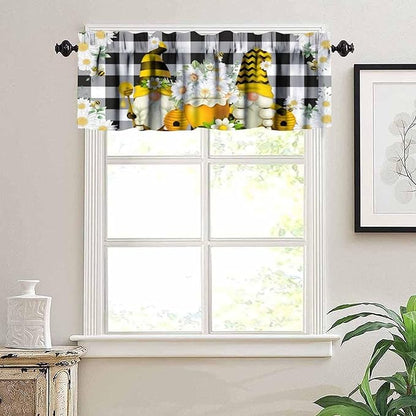 Bee Valances Curtain for Kitchen, Black White Buffalo Daisy Gnomes Window Treatment Valances Short Curtains Rod Pocket Drape for Dining Room Home Farmhouse Decor, 54x18inch