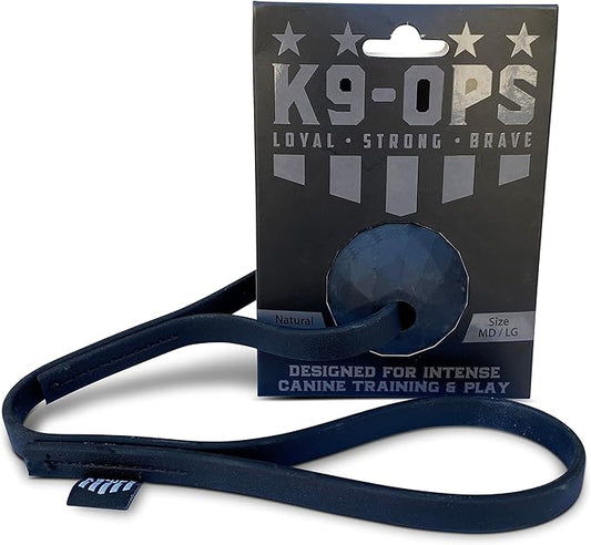K9 Ops Dog Ball Tug with Handle Biotug Fetch Toy - Rubber Reward Toys - Large Dogs Durable Indestructible Aggressive Chewers Pitbull Dobermann Rottweiler Shepherd (LG/XL, Coal Black)