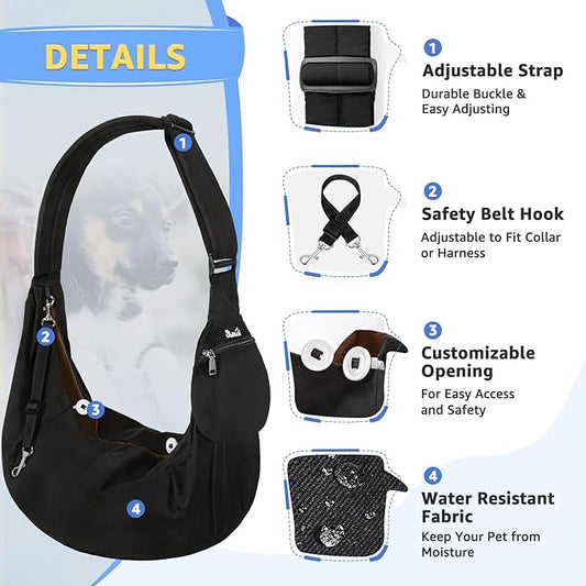 SlowTon Dog Carrier Sling - Thick Padded Shoulder Strap Adjustable Dog Carriers for Small Dogs, Puppy Carrier Purse for Pet Cat with Front Zipper Pocket Safety Belt Machine Washable (Black M)