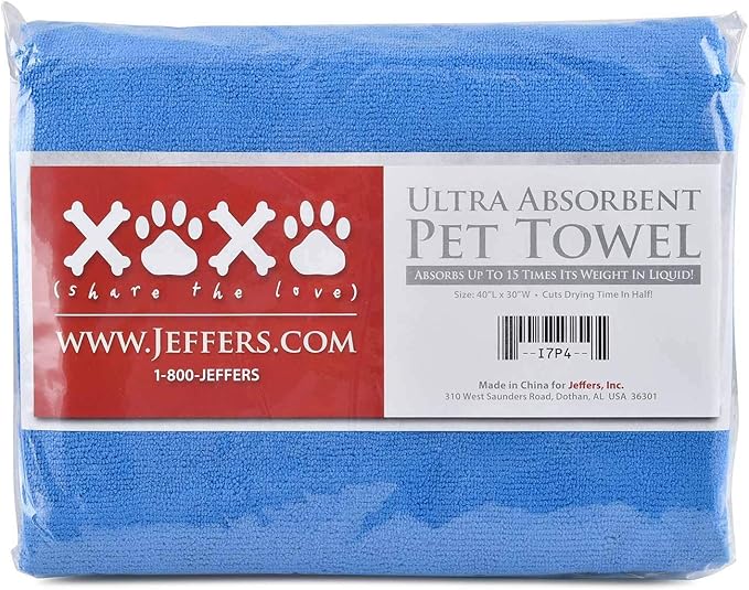 Jeffers Pet Ultra Absorbent Drying Towel for Small, Medium & Large Dogs & Cats, 40" x 30" Soft Microfiber Towel for Bath, Travel, Grooming, Crate, Car, Home Use, Machine Washable - Assorted Colors